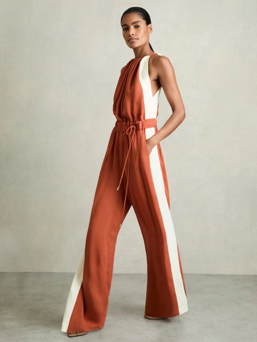 Inez Colour-Block Rope-Cord Jumpsuit in Orange
